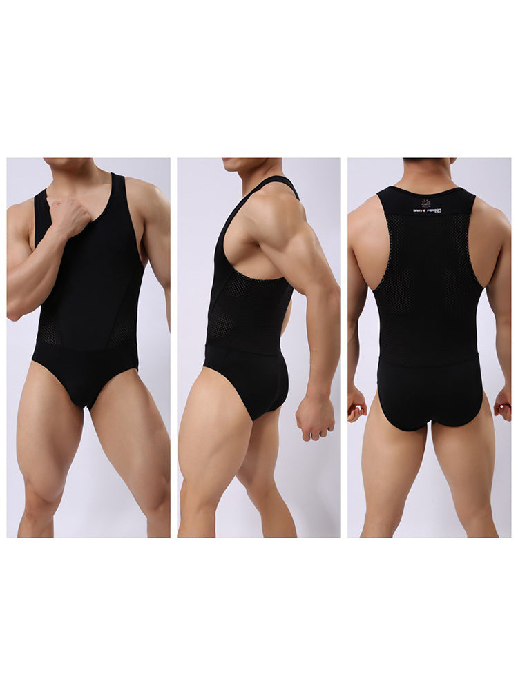 Mens Sexy Sheer Mesh Wrestling Bodysuit
