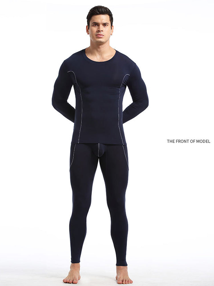 Men's Round Neck Solid Color Bamboo Fiber Thermal Underwear Set