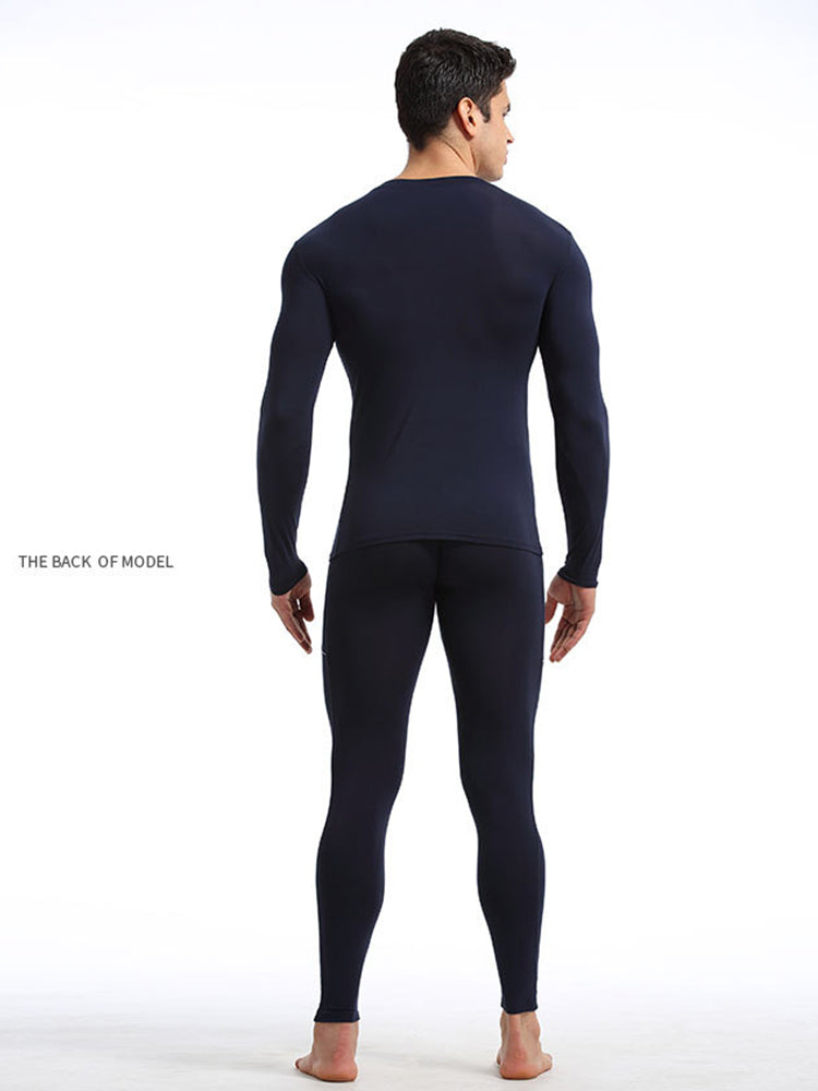 Men's Round Neck Solid Color Bamboo Fiber Thermal Underwear Set
