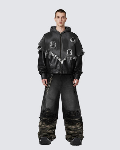 Double-Waist Camo Patchwork Distressed Wide-Leg Pants
