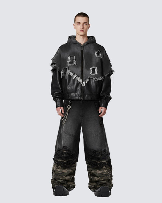 Double-Waist Camo Patchwork Distressed Wide-Leg Pants