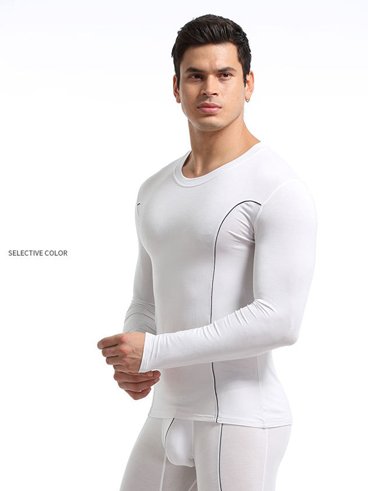 Men's Round Neck Solid Color Bamboo Fiber Thermal Underwear Set