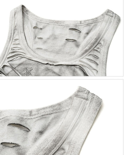 Grunge Acid Wash Star Rhinestone Cutout Ribbed Tank Top