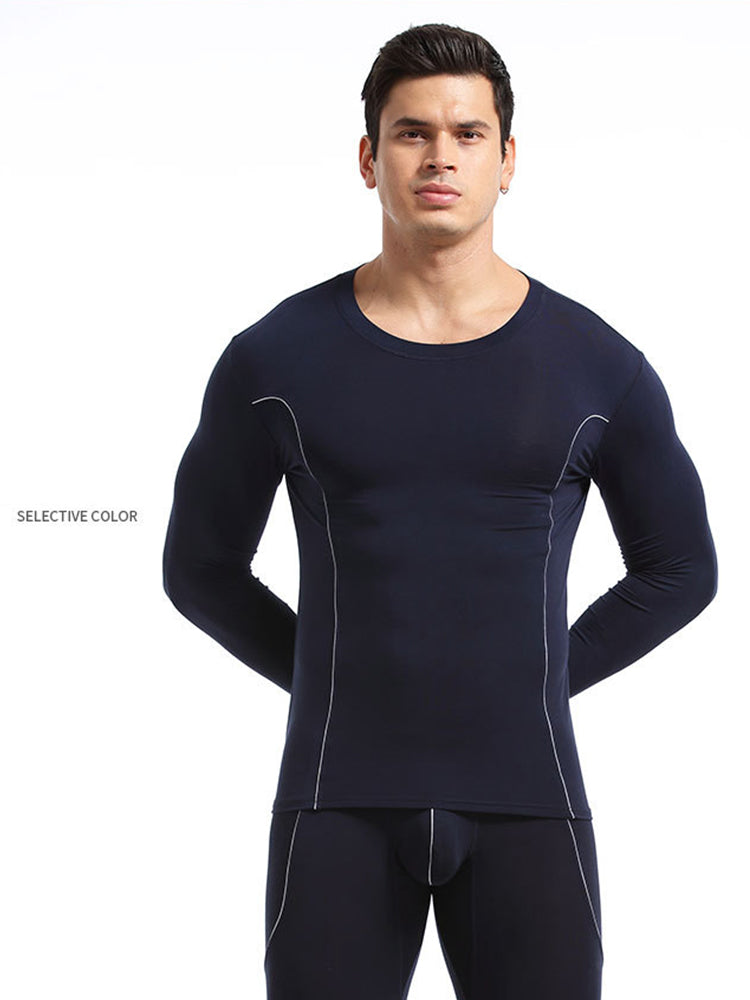 Men's Round Neck Solid Color Bamboo Fiber Thermal Underwear Set
