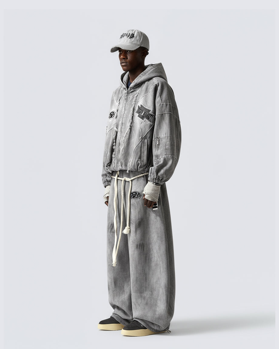 Distressed Dirty Curved-Cut Drawstring Sweatpants