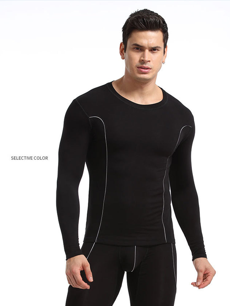 Men's Round Neck Solid Color Bamboo Fiber Thermal Underwear Set