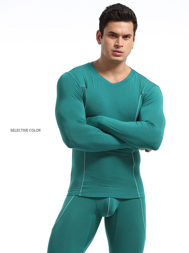 Men's Round Neck Solid Color Bamboo Fiber Thermal Underwear Set