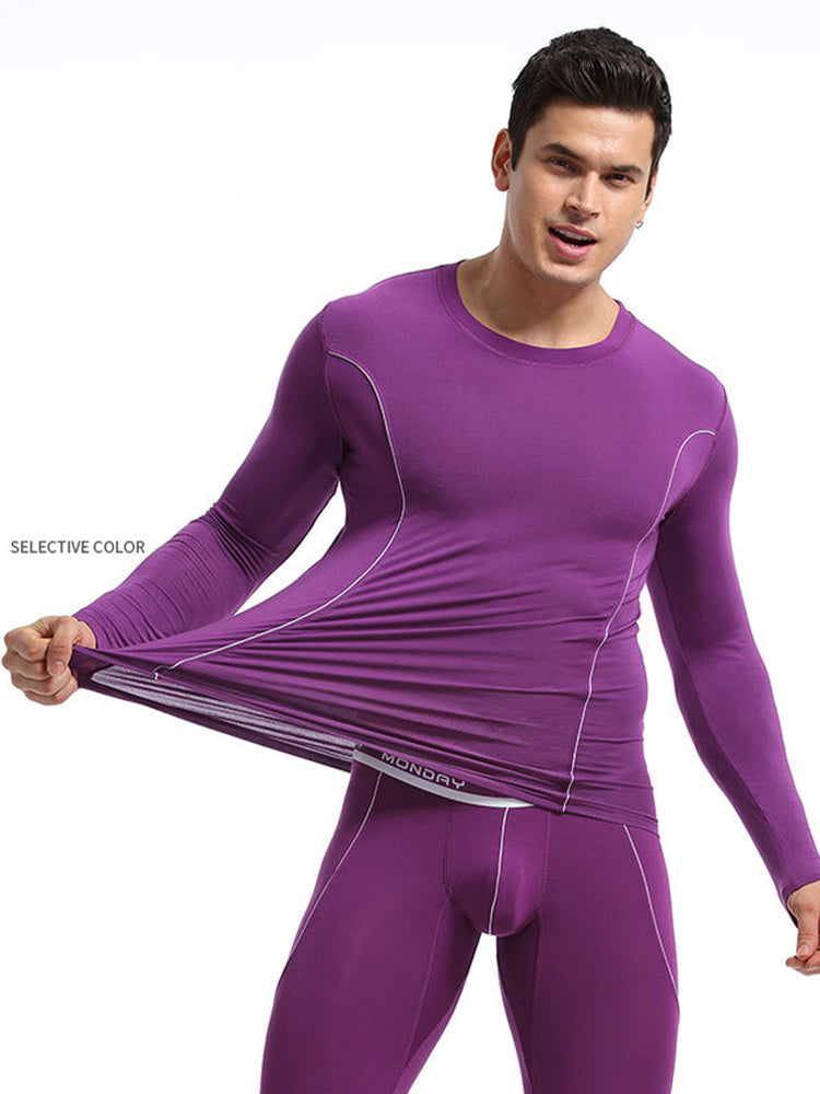 Men's Round Neck Solid Color Bamboo Fiber Thermal Underwear Set