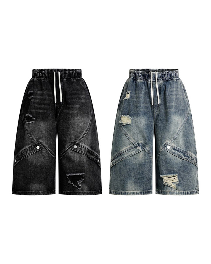Grunge Drawstring Panel Distressed Wide Denim Shorts
