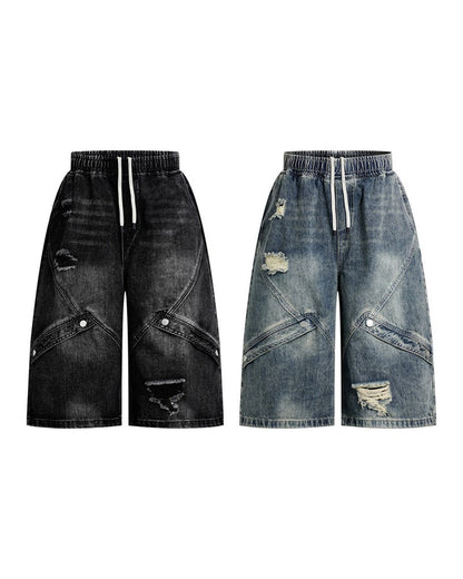 Grunge Drawstring Panel Distressed Wide Denim Shorts