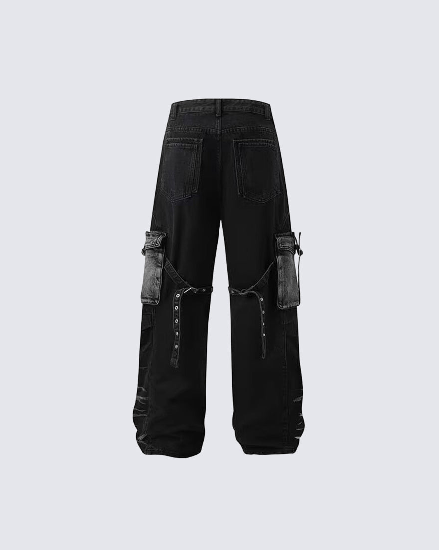 KIIKIO Gothic Strappy Cargo Wide Denim Pants