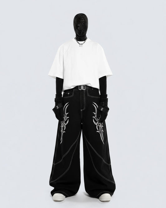 Rebellious Threads—Bold Black Denim Pants