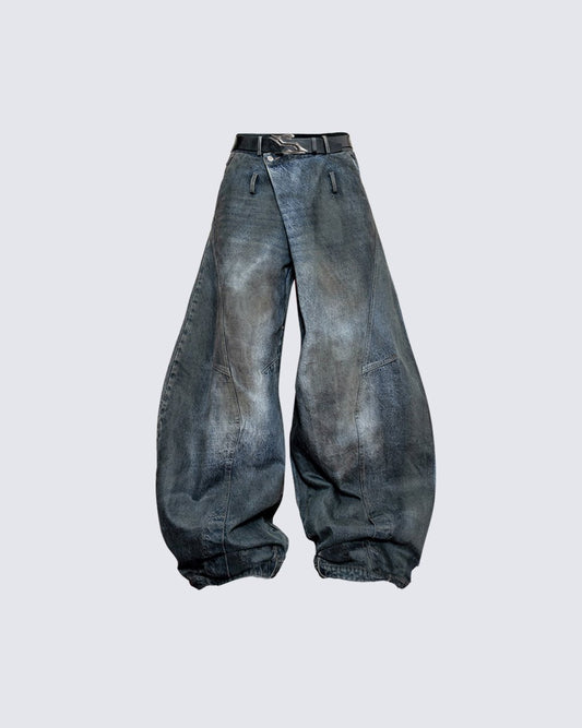 Washed Reverse-Waist Wide-Leg Jeans