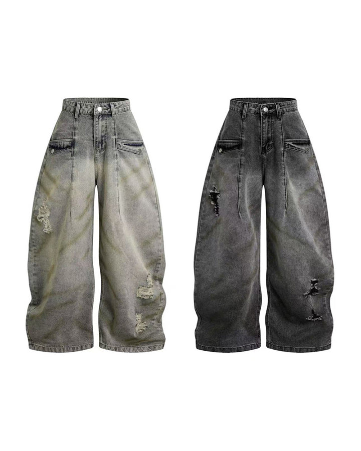 Grunge New Washed Distressed Wide Denim Pants