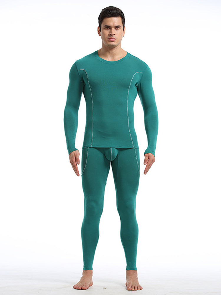 Men's Round Neck Solid Color Bamboo Fiber Thermal Underwear Set