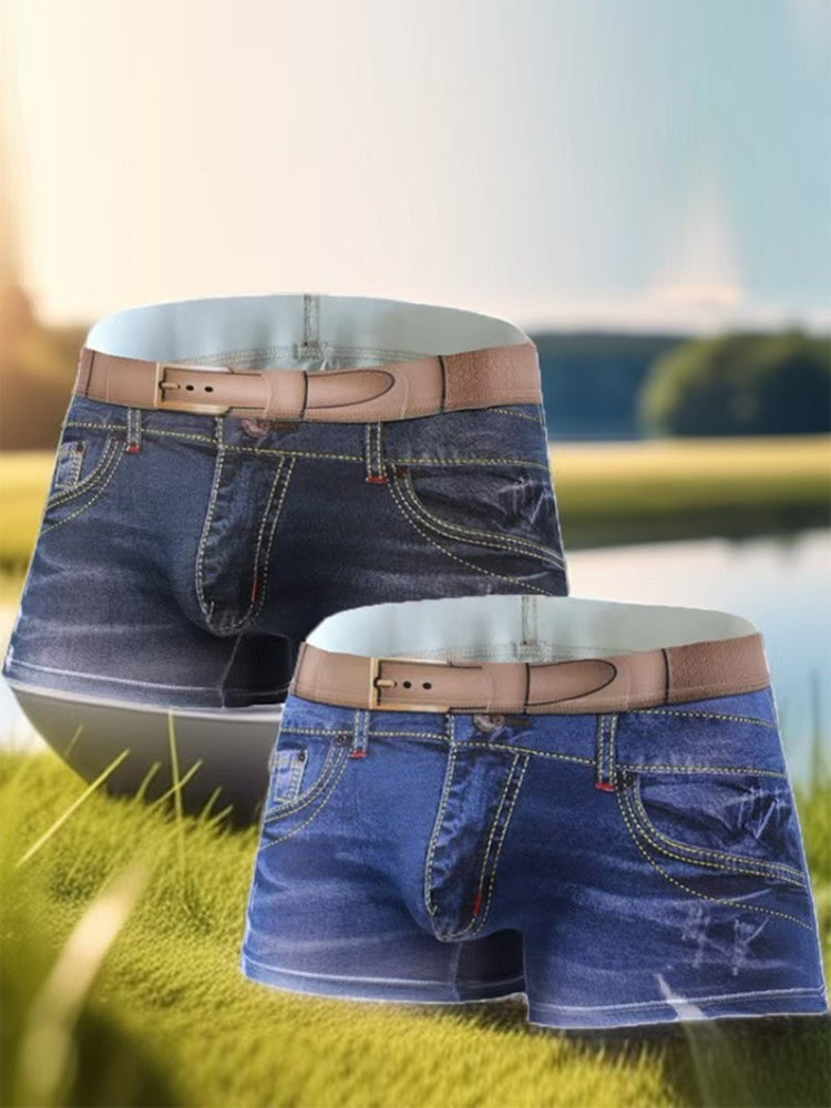 2 Pack Men's Denim Printed Cotton Boxer Briefs