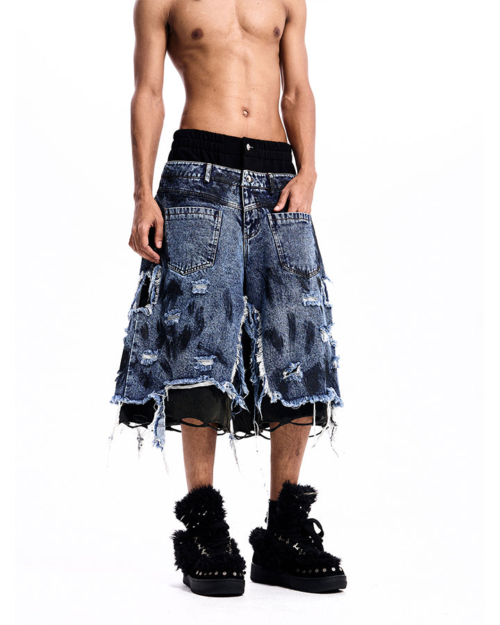 New Dirty-Washed Distressed Men’s Denim Mid Shorts