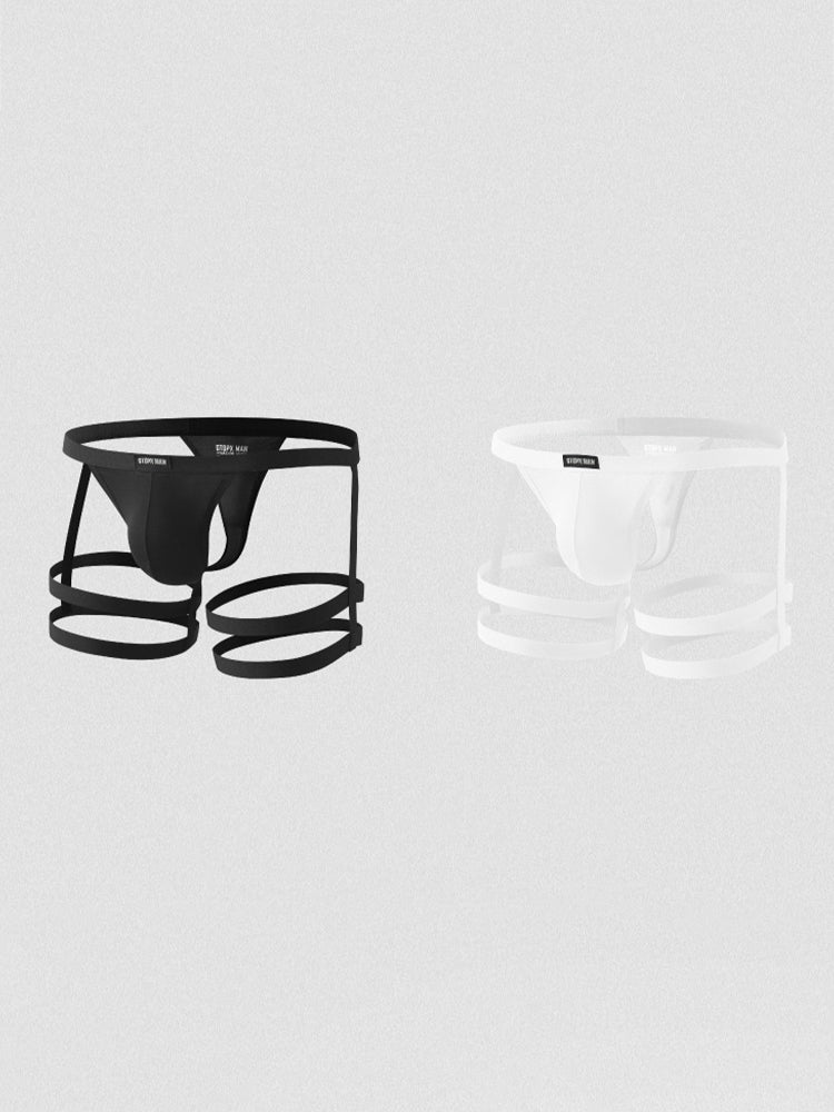 2 Pack Men's Low-Rise Sexy Thong with U-Pouch and Fixed Thigh Straps