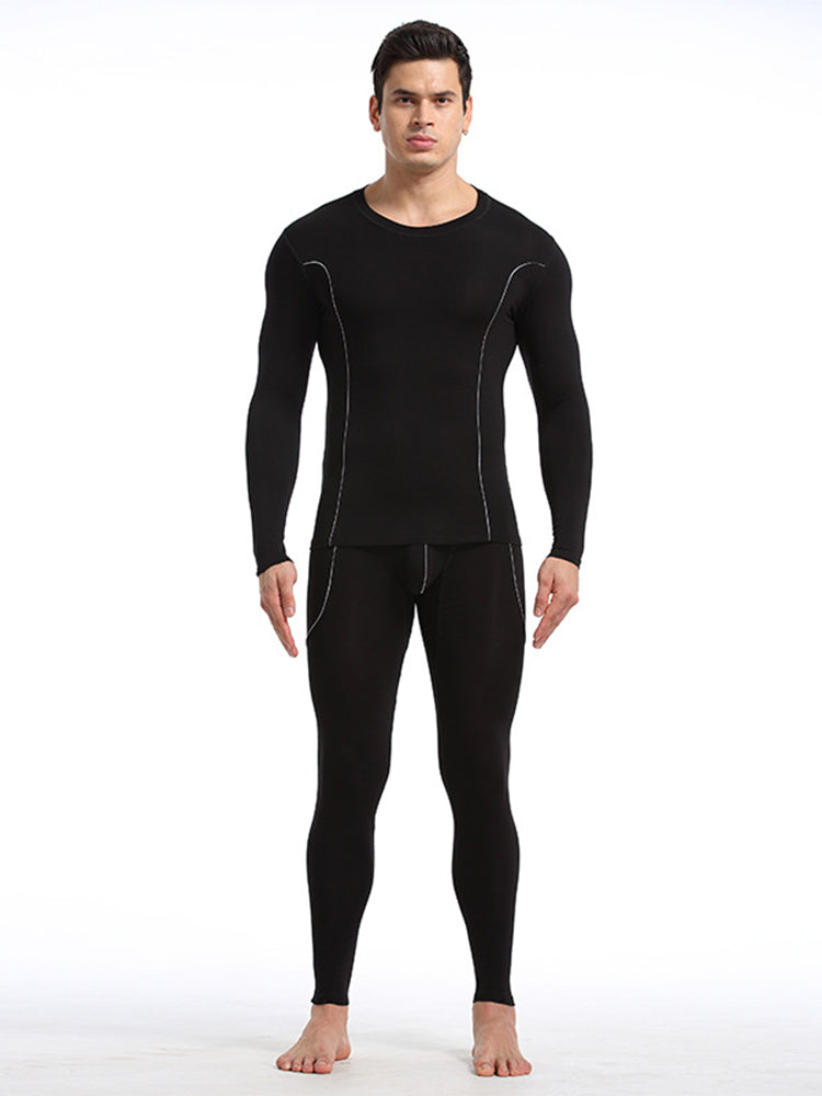 Men's Round Neck Solid Color Bamboo Fiber Thermal Underwear Set