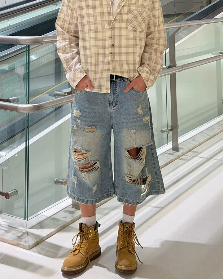 KIIKIO Vintage Light-Wash Distressed Wide Denim Shorts