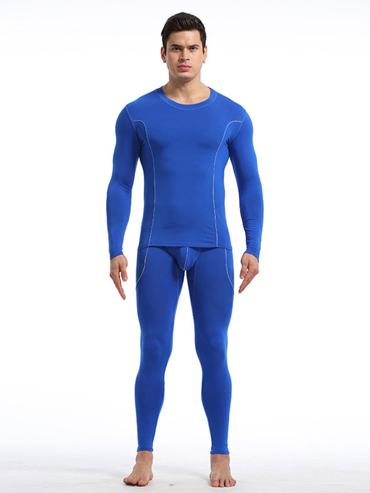 Men's Round Neck Solid Color Bamboo Fiber Thermal Underwear Set
