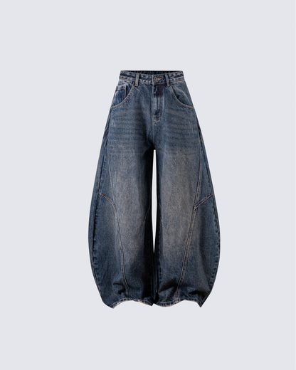 Retro Curved Blade Wide-Leg Denim Pants