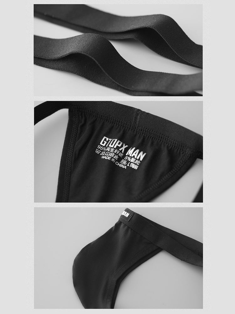 2 Pack Men's Low-Rise Sexy Thong with U-Pouch and Fixed Thigh Straps