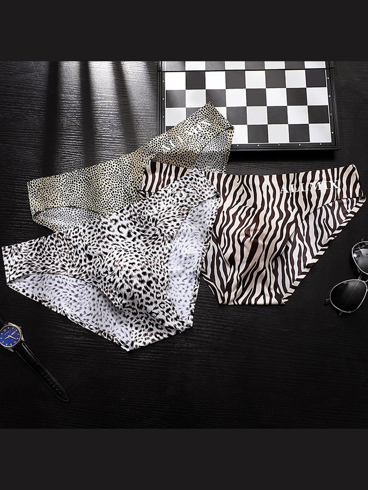3 Pack ALLMIX Men's 3D Pouch Sexy Leopard Print Ice Silk Briefs