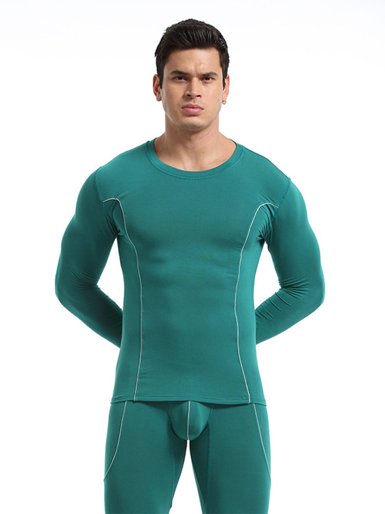 Men's Round Neck Solid Color Bamboo Fiber Thermal Underwear Set