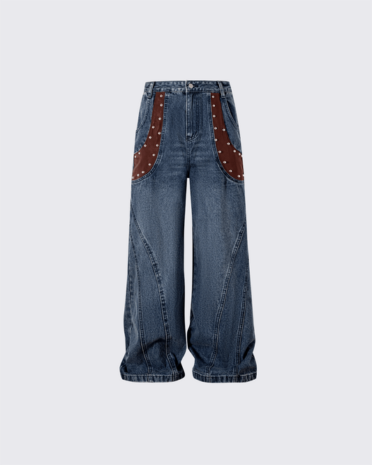 Leather Patch Pocket with Studded Detail Denim Pants