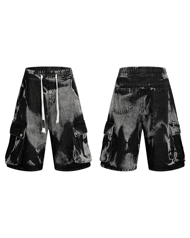 KIIKIO Utility Dark-Wash Drawstring Cargo Wide Denim Shorts