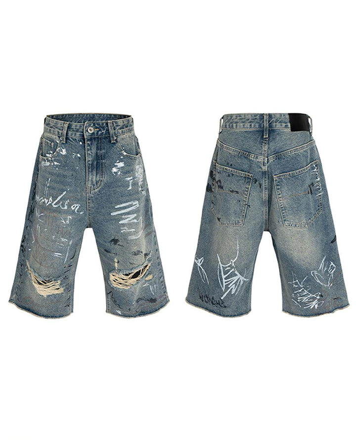 High Street New Graffiti Distressed Wide Denim Shorts