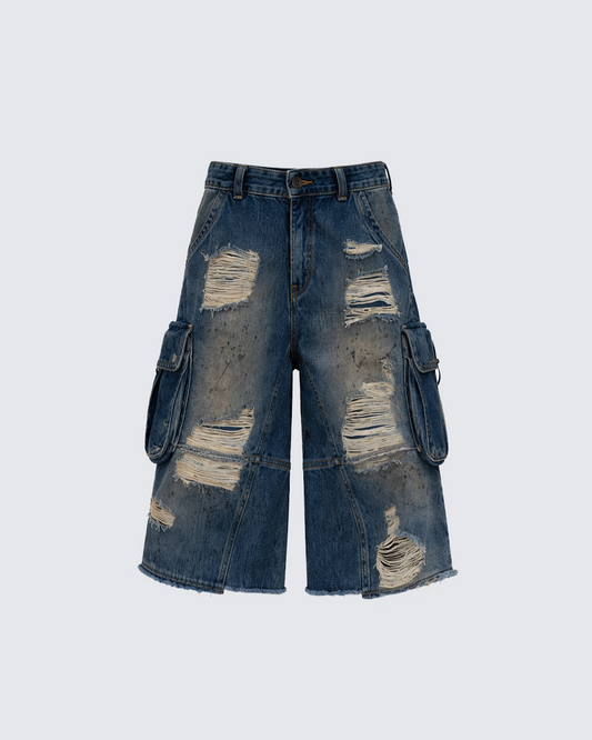 Distressed Cargo Denim Shorts