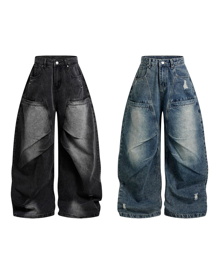New Vintage Washed Panel Wide Denim Pants