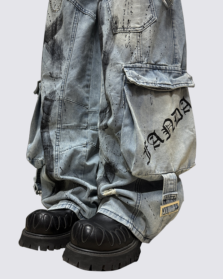 Streetwear Cargo Denim Pants（Free Belt and Chain Included）