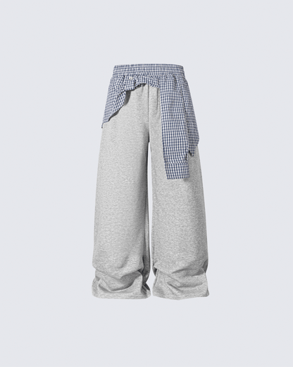 Plaid Shirt-Waist Wide-Leg Sweatpants