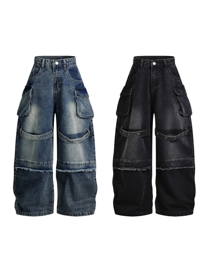 KIIKIO Utility Strappy Cargo Wide Denim Pants