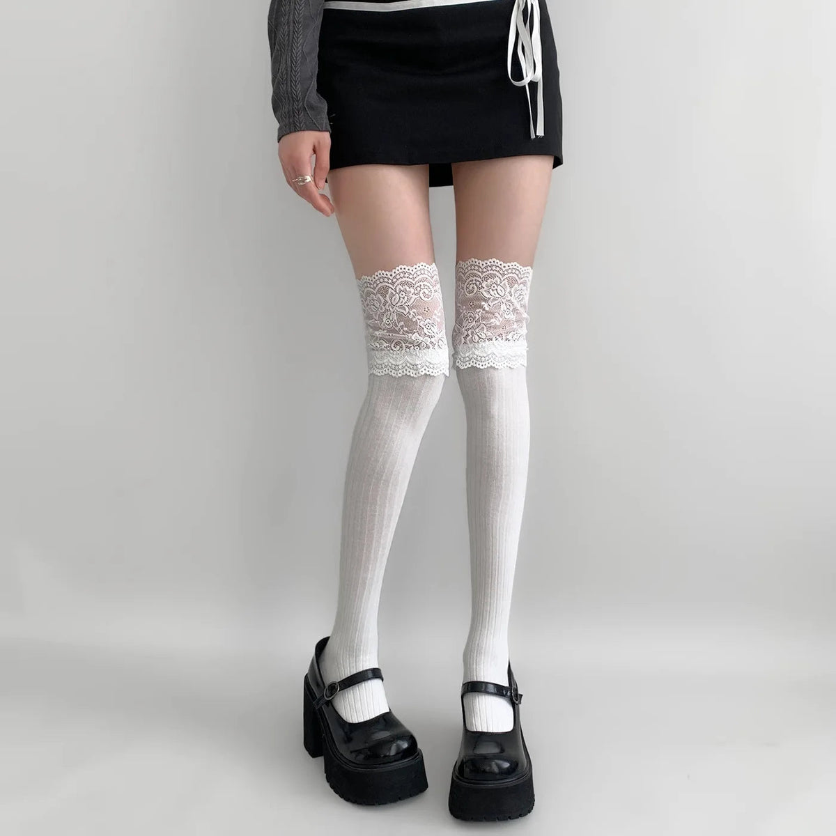 Lace Trimmed Cotton Long Socks
