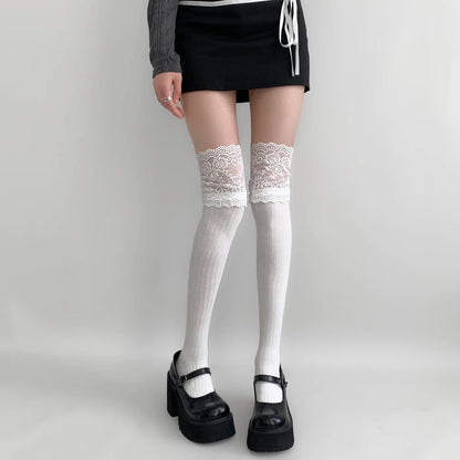 Lace Trimmed Cotton Long Socks