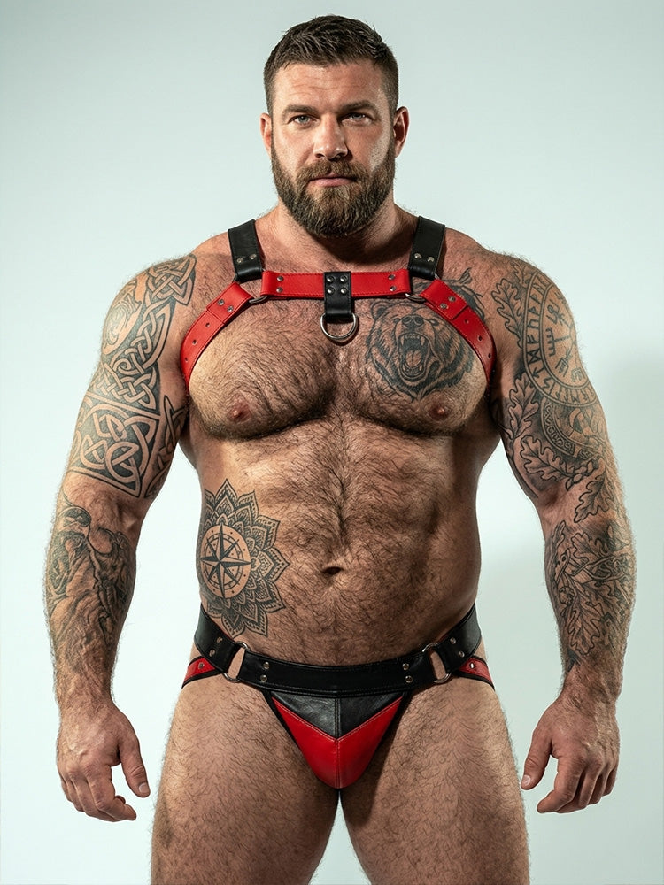 Men's Genuine Leather Chest Strap Jockstrap Set