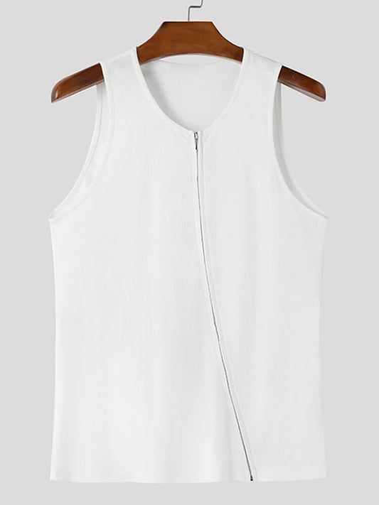 Men's Asymmetric Diagonal Zipper Solid Color Vest