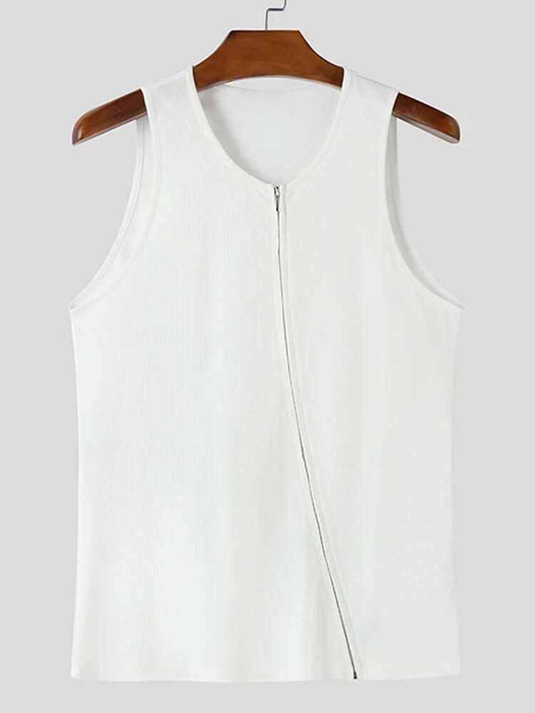 Men's Asymmetric Diagonal Zipper Solid Color Vest