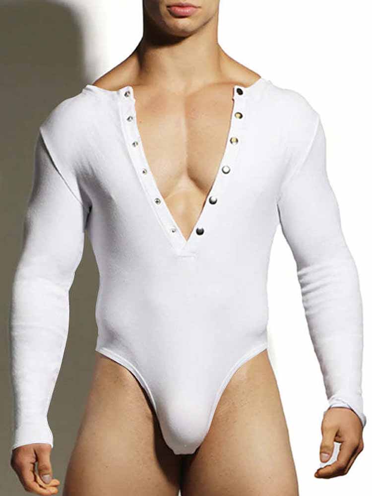 Men's Sexy Stretch Slim Long Sleeve Thong Bodysuit