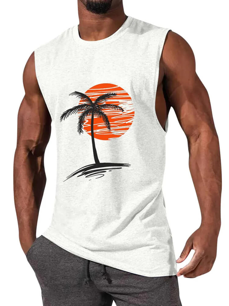 Men's Sunset Coconut Tree Print Solid Tank Top