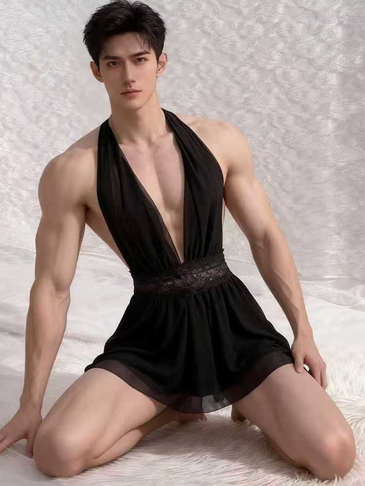 Men's Sexy Mesh Backless See-Through Halter Neck Dress