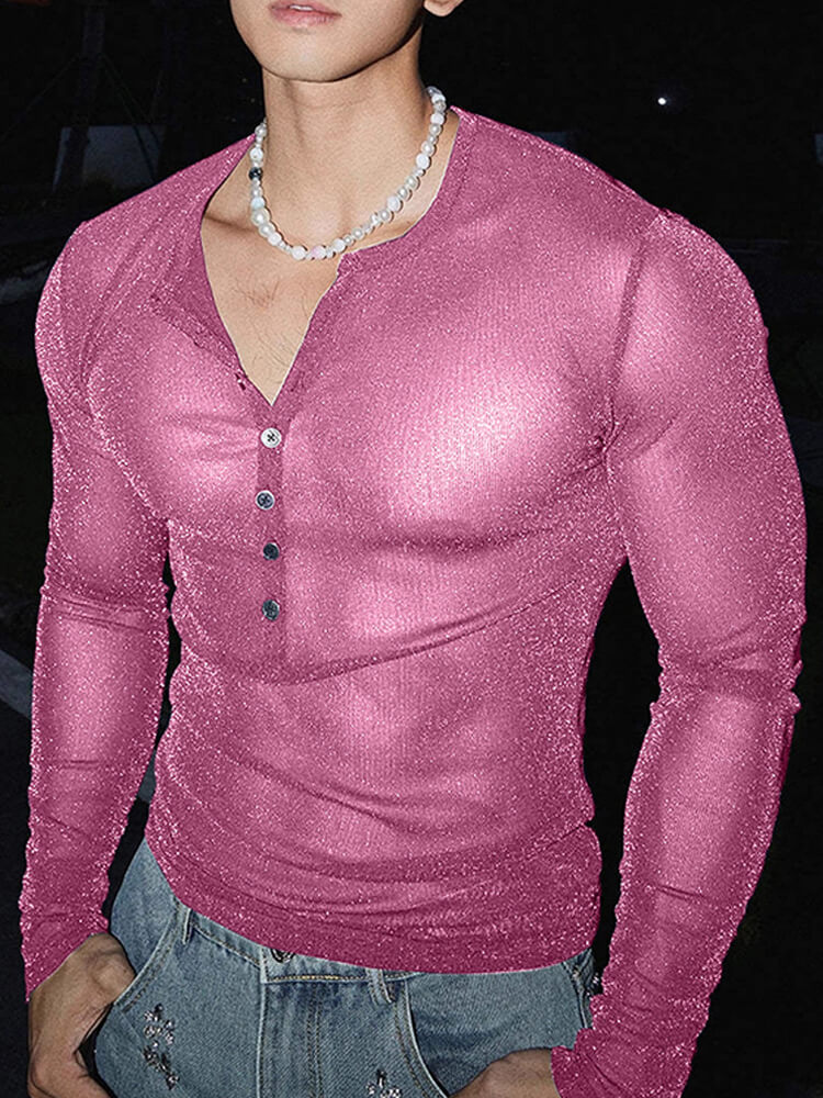 Men's Sexy Crew Neck Button-Front Semi-Sheer Top