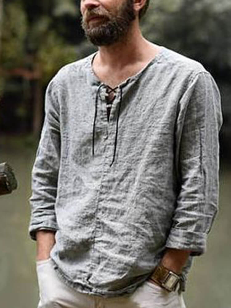 Men's Long-Sleeved Solid Color Loose Lace-Up Top