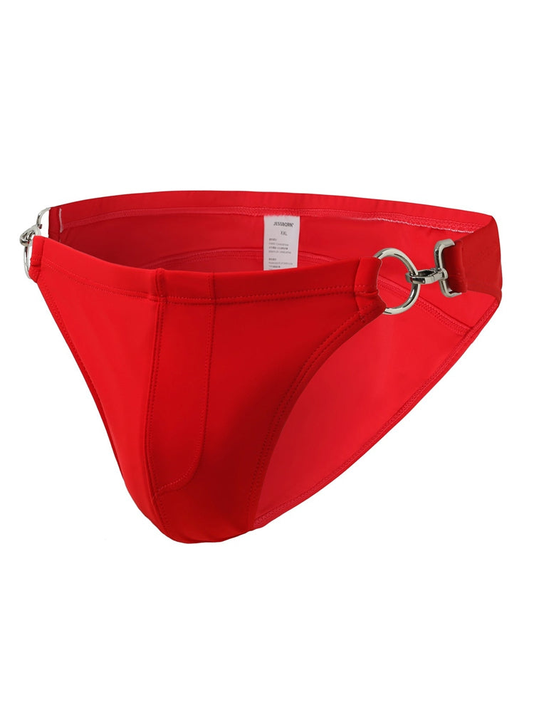 Men's Solid Color Metal Double Buckle Swim Bikini -White