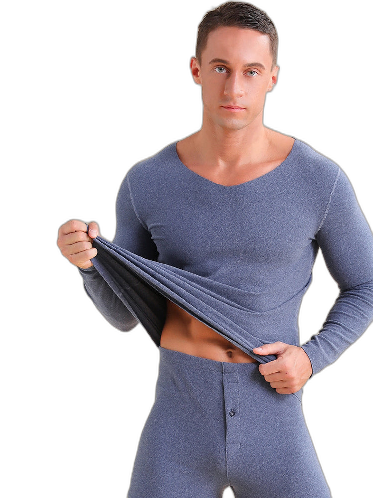 Men's V-neck Fleece Thermal Underwear Set