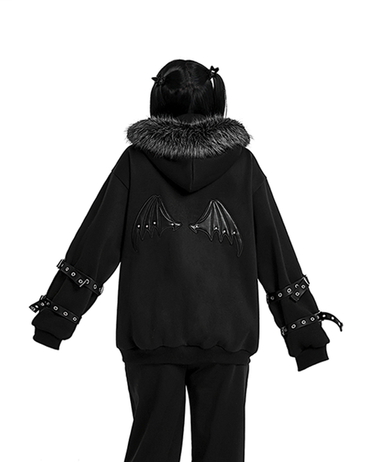 Cross Embroidered Faux Fur Hooded Jacket